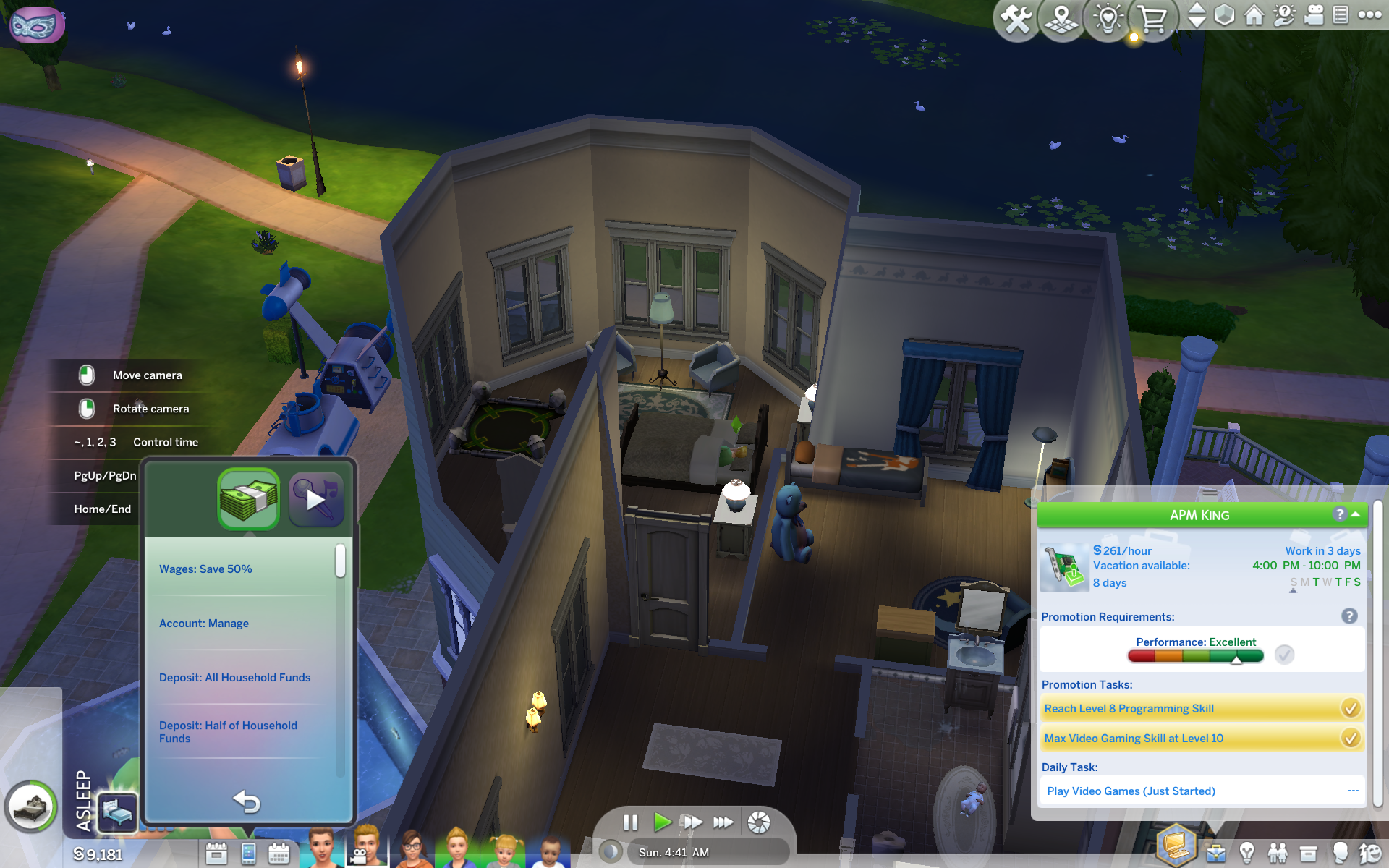 Sims 4 screenshot showing the Better Bank phone menu with wage saving and deposit options.