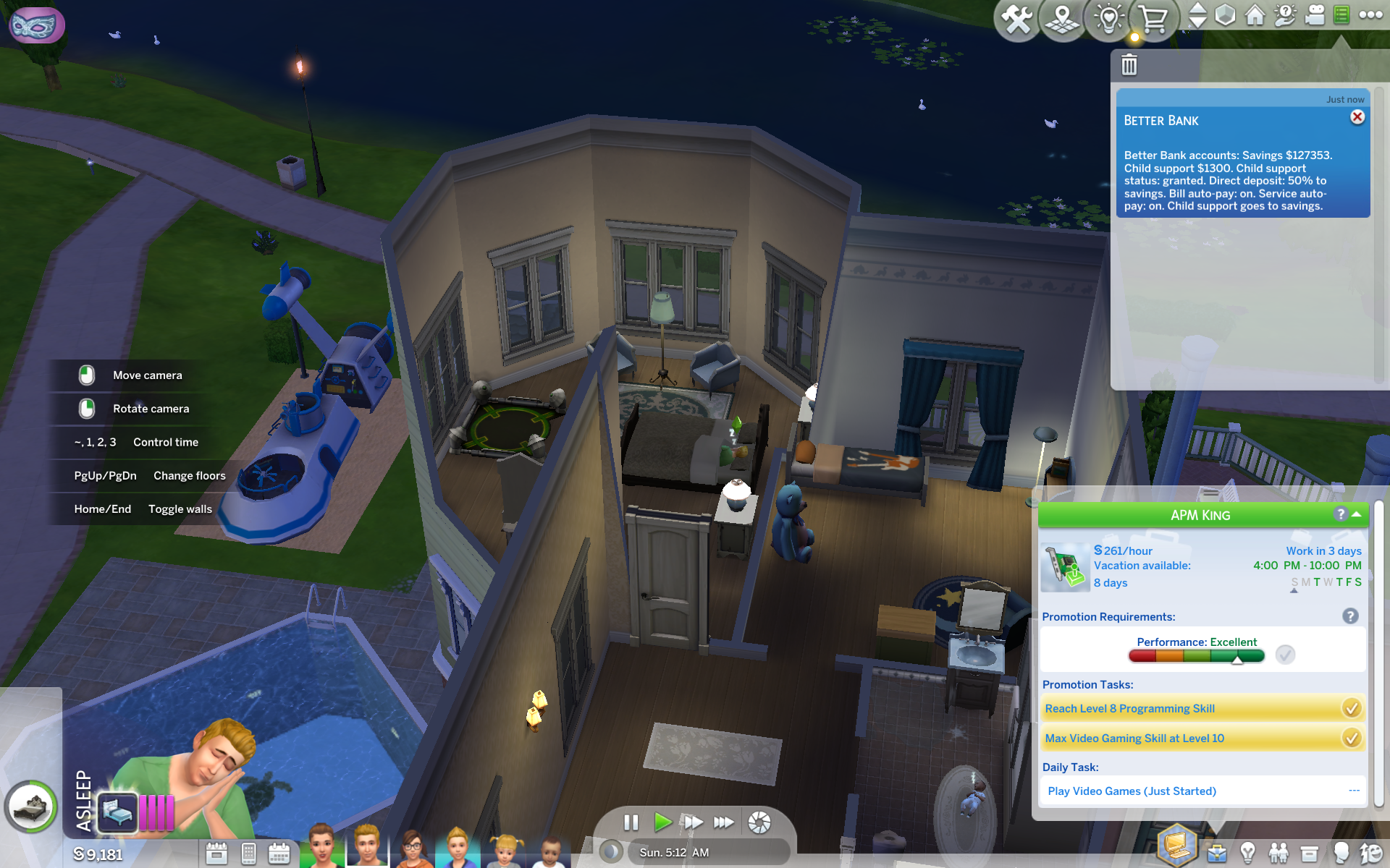 Sims 4 screenshot showing a Better Bank notification with savings, child support, and autopay status.